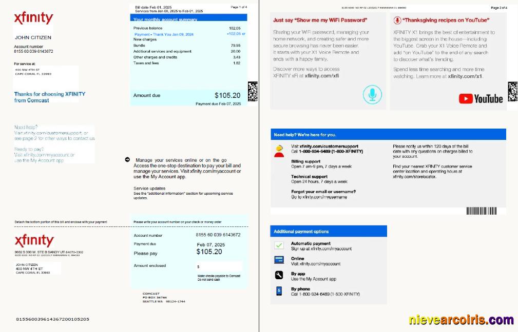 USA Xfinity utility bill, 4 pages, version 3, 1-2 pages